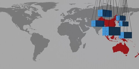 a map with the states of the Regional Comprehensive Economic Partnership - RCEP - plus freight container - concept trade - 3d illustration
