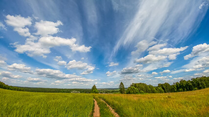 Beautiful landscape of a road that stretching to the horizon under beautiful clouds in the blue sky in the springtime