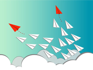 Meaningful symbols to leadership or different and Team work concept with red and white paper airplane path on blue background. Use for education or Business concept. Mock up design. 3d abstract.