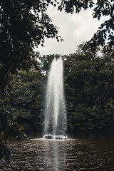 A snake-shaped fountain in the middle of a lake in a park