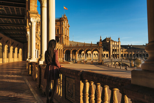 Young and sexy woman tourist in Spain Square of Seville, place of Star Wars