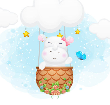 Cute doodle little rhino flying with butterfly in the sky Premium Vector