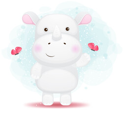 Cute doodle little rhino playing with butterfly cartoon character Premium Vector