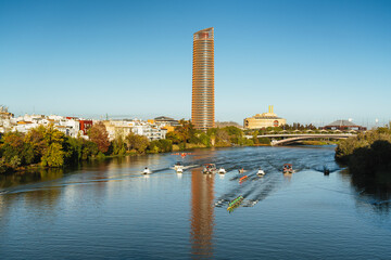 View of river Guadalquivir canoe race Sevilla - Betis, in Seville, Andalusia, Spain