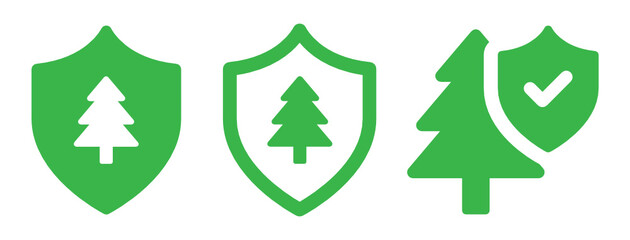 Ecology forest green shield conservation protection icon set illustration.