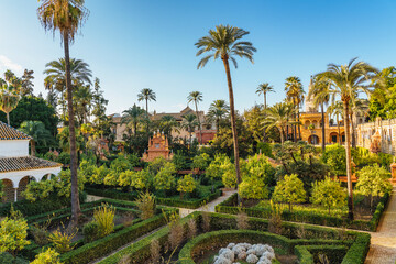 Mazes in Royal Alcazar Gardens in Seville, Jardines Real Alcazar en Sevilla - obrazy, fototapety, plakaty