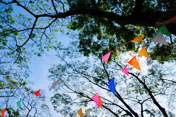 vivid color of fancy party flag strips decoration with blue sky and many trees in background