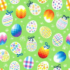 Happy Easter. Seamless pattern from decorative colorful eggs. On a green background. Vector flat illustration.