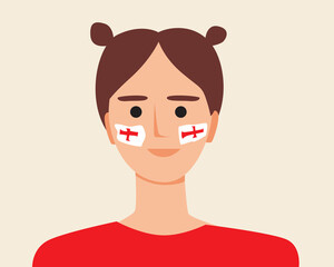 English soccer fan with flag on face, flat vector stock illustration with head of person from Europe isolated