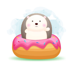Cute doodle baby hedgehog inside a donut Premium Vector