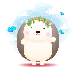 Cute doodle baby hedgehog playing with butterfly cartoon character Premium Vector