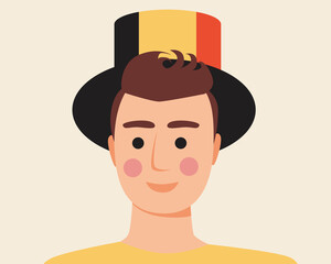 Belgian soccer fan with flag on face, flat vector stock illustration with head of person from Europe isolated