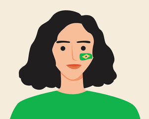 Brazilian soccer fan with flag on face, flat vector stock illustration with head of Argentinian from Latin America isolated