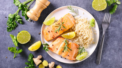 roasted salmon with rice- top view
