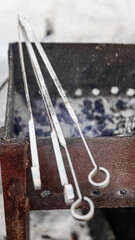 iron skewers for frying meat and vegetables on the grill