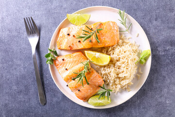 roasted salmon with rice- top view