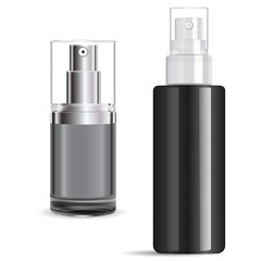 Serum spray bottle silver cap. Cosmetic pump bottleclear 3d illustration. Mist pump cap bottlefor face or hair aerosol pack. Air moisture, lotion mock up blank. Shiny glass container