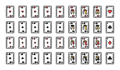 Collection playing cards olor line icon set. Gambling. Pictograms for web page, mobile app, promo. UI UX GUI design element. Editable stroke.