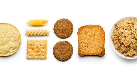 variety of bakery and wholemeal products on white background