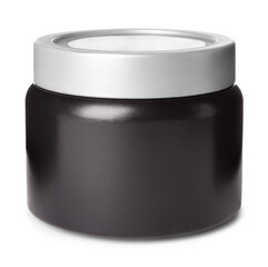 Black jar of cream isolated on white. Men's cosmetics