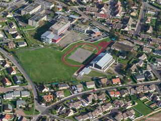 vue aérienne d'un stade de la ville du Tréport en Seine-Maritime en France