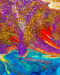 Multicolored vertical acrylic backdrop sprinkled with purple and gold sparkles. Contemporary creativity. A colorful avant-garde painting with rich texture. 