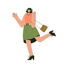 Happy woman standing on one leg and gesturing by hands