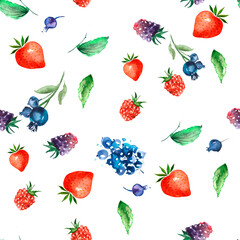Vintage seamless watercolor pattern. Berry set - raspberries, blackberries, Strawberry, wild strawberries,blueberry, currant. Hand drawn watercolor painting raspberry. Botanical illustration. 