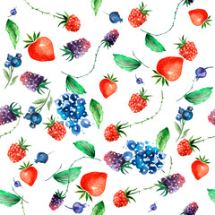 Vintage seamless watercolor pattern. Berry set - raspberries, blackberries, Strawberry, wild strawberries,blueberry, currant. Hand drawn watercolor painting raspberry. Botanical illustration. 