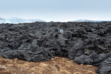 Cooling lava. Volcano eruption at Fagradalsfjall, Iceland.