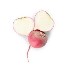 Cut and whole fresh ripe turnips on white background, top view
