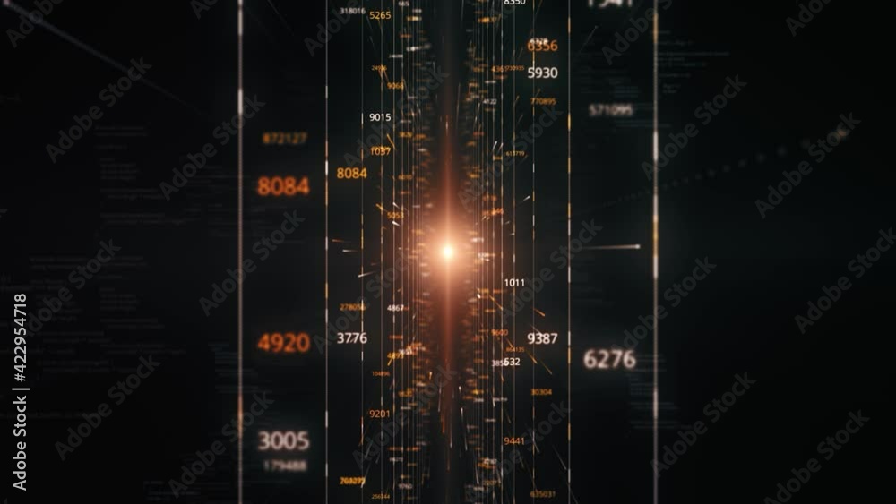 Poster beautiful flight through the digital tunnel with numbers and neon rays. animation. abstract futurist
