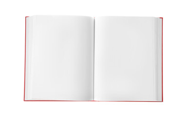 Open book with red cover on white background, top view. Mockup for design