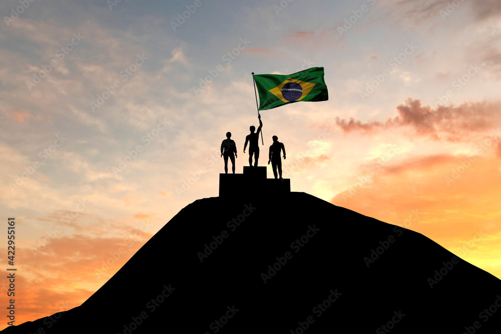 Wall mural brazil flag being waved on top of a winners podium. 3d rendering