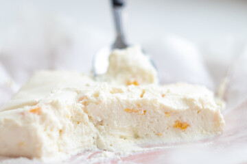 cut of cottage cheese with fruit close-up
