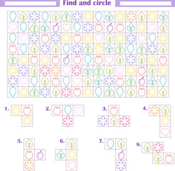  Logic game for children. Development of attention, thinking. Find and circle the fragments shown below