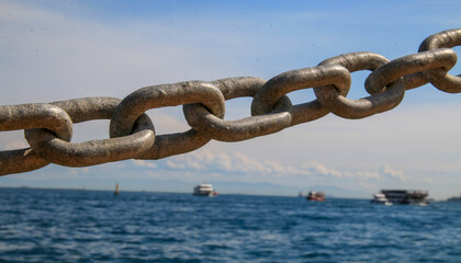 steel chain in the dock for ships - obrazy, fototapety, plakaty