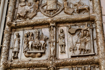 Russia,  Great Novgorod - July 13, 2020: Close-up of a fragment of the Magdeburg Gate of St. Sophia Cathedral