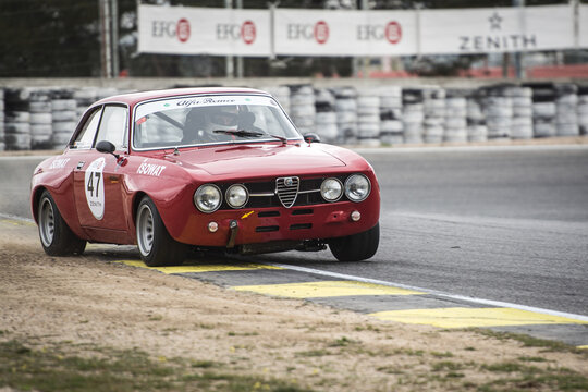 Circuit of Jarama, Madrid, Spain; April 03 2016: Alfa Romeo giulia 1750 GTAM in a classic car race at the Jarama circuit