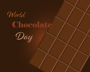 Vector illustration dedicated to the world chocolate day. Dark chocolate bar on a dark brown background with a gradient. Banner, poster, logo, signboard. For various purposes of design.