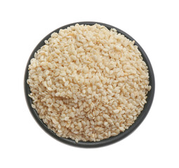 Sesame seeds in bowl on white background, top view