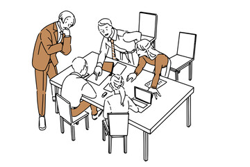 ビジネス　会議　ビジネスマン　チーム　ビジネスウーマン　オフィス　パソコン	