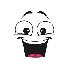 Glad smiley with open mouth isolated funny emoticon. Vector laughing head, satisfied emoji, support center bot avatar. Pleased contented positive emoticon, facial emotion of joy and happiness
