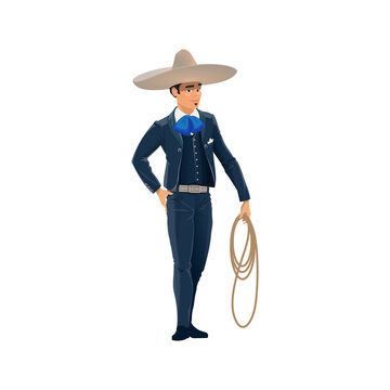 Mexican cowboy charro in sombrero hat and horseman costume isolated man in hat, lasso in hand, cartoon character. Male in national clothes of Mexico, blue suit and scarf, young brazilian guy