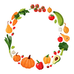 Round frame of vegetables, fruits and berries for decoration and design. Vector illustration isolated on white background. Bright, juicy vegan food.