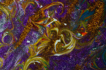 Multicolored acrylic background with curls sprinkled with purple and gold sparkles. Contemporary...