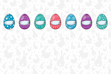 Hand drawn Easter eggs with masks. Empty background. Covid19 epidemic. Vector