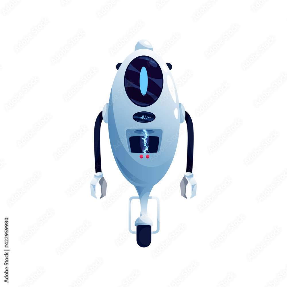 Poster single wheel robot modern kids toy isolated humanoid robotic automation. vector bot, single wheeled 