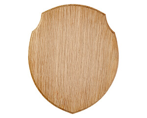 Wooden sign board in the form of a shield design. Isolated on white background with clipping path.