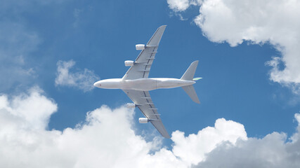 Fototapeta na wymiar Passenger commercial airplane flying above head as shot from the ground in deep blue cloudy sky